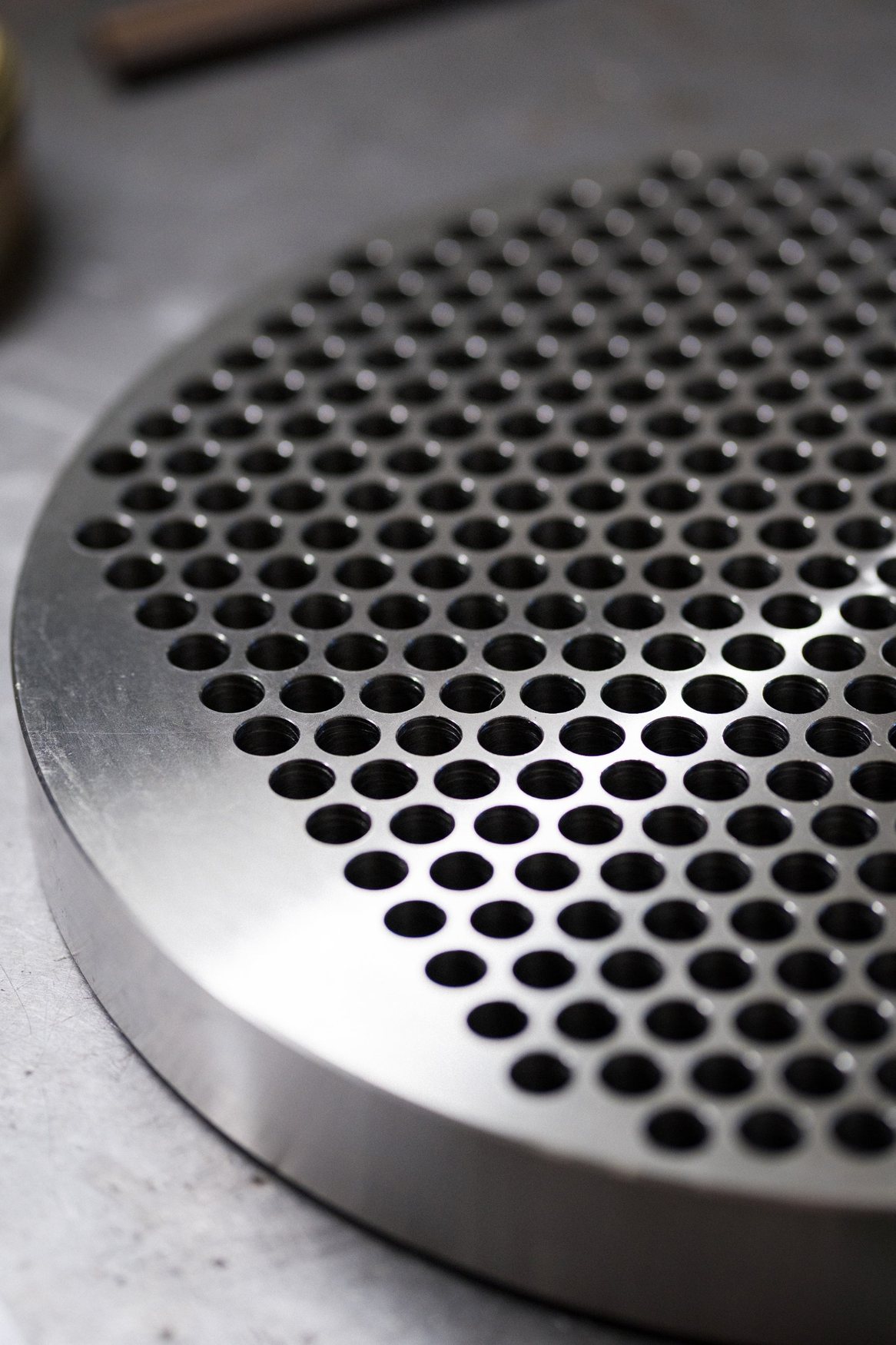 Close-up of a machined tube sheet for a heat exchanger