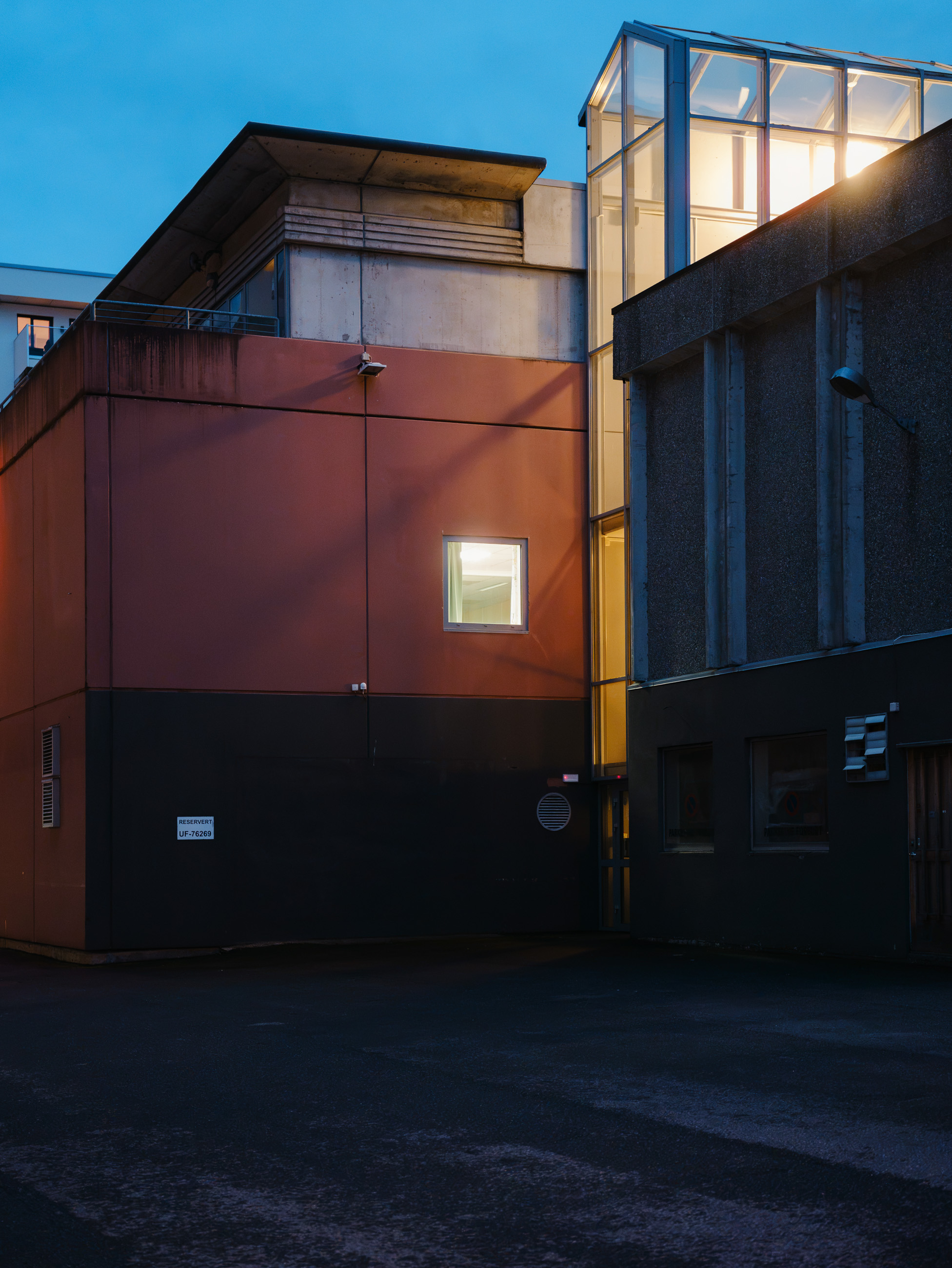 Building facade at dusk